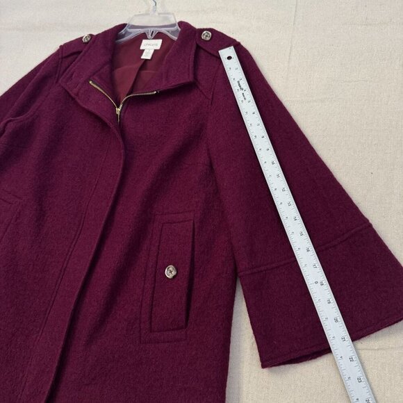 Chicos Burgundy Wool 3/4 Sleeve Full Zip Jacket Button Flap Accents Lined 2 - Picture 11 of 15